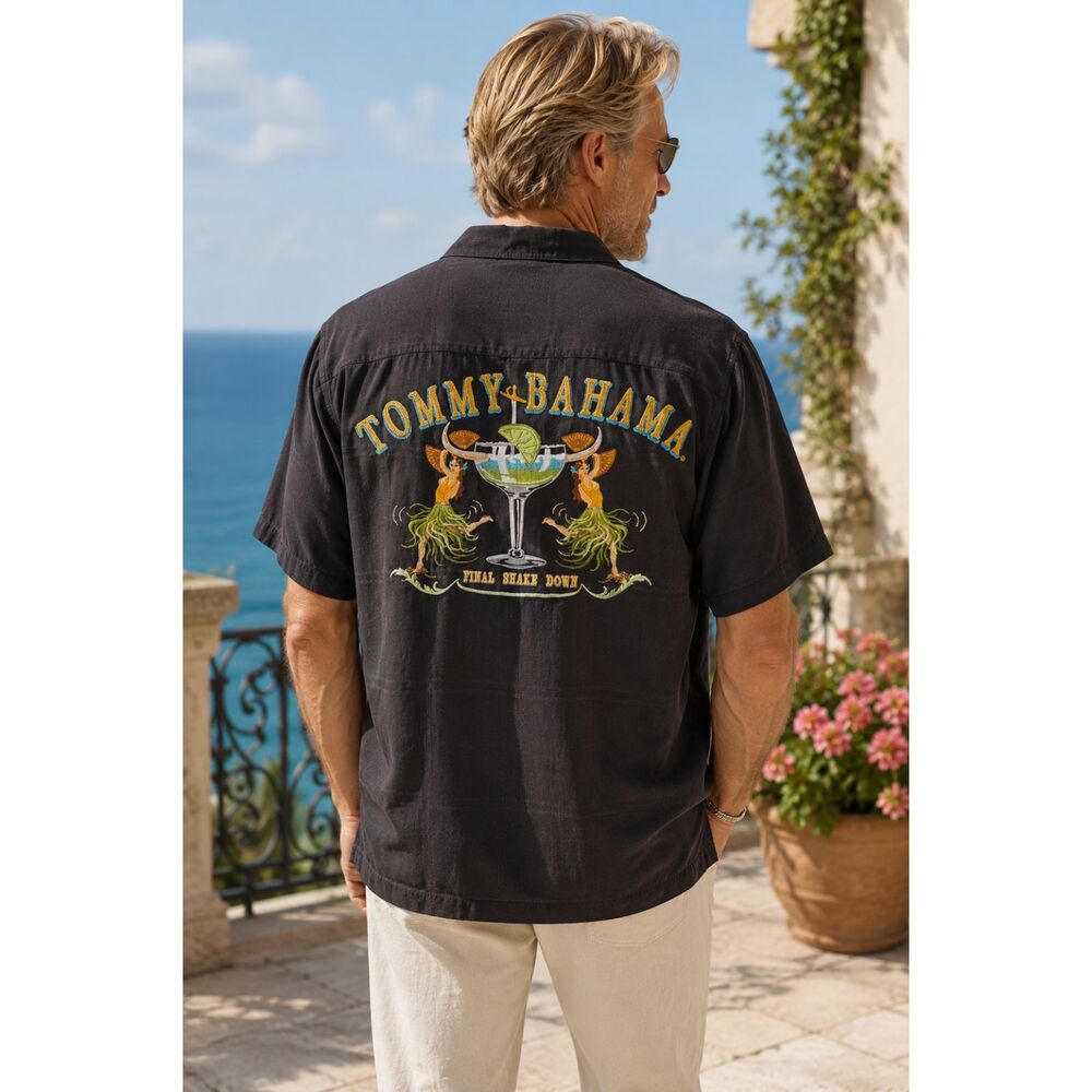 Tommy Bahama Final Shake Down Silk Camp Shirt Men’s Medium Black Hula